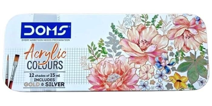 Acrylic Colours 12 Shades of 15 ml Includes Gold & Silver With Two Brush Free Detail